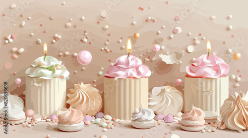 Candles and sweet colorful sprinkles with meringues 