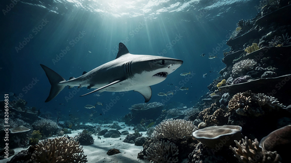 Fototapeta premium Sharks swimming along coral reefs