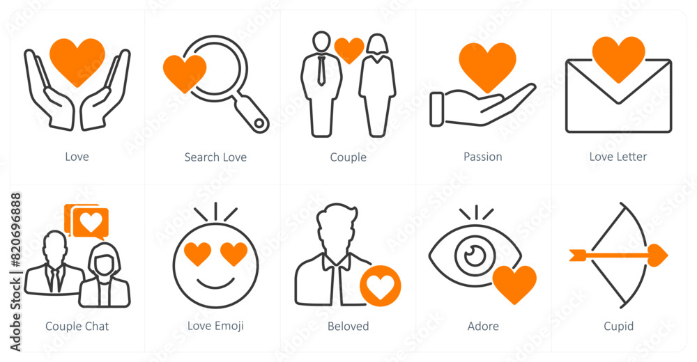 A set of 10 love and romance icons as love, search love, couple A set of 10 love and romance icons as love, search love, couple