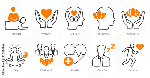 A set of 10 wellness icons as massage, wellness, self care