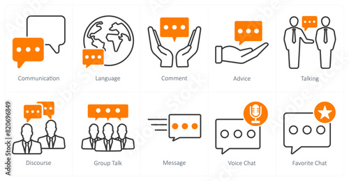 A set of 10 communication icons as communication, language, comment