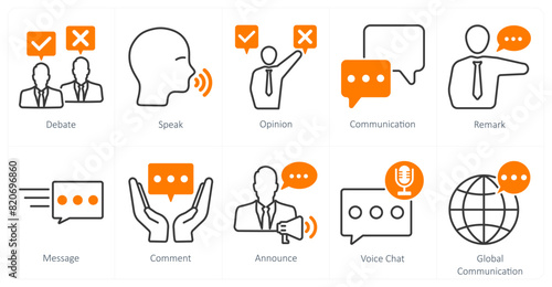 A set of 10 communication icons as debate, speak, opinion
