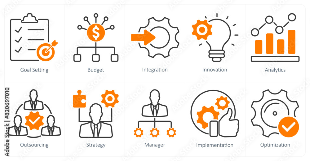 A set of 10 project management icons as goal setting, budget, integration A set of 10 project management icons as goal setting, budget, integration