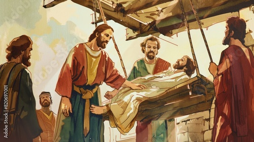 Miracle of Jesus Healing Paralytic Lowered Through Roof - Biblical Illustration photo