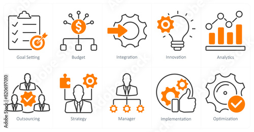 A set of 10 project management icons as goal setting, budget, integration