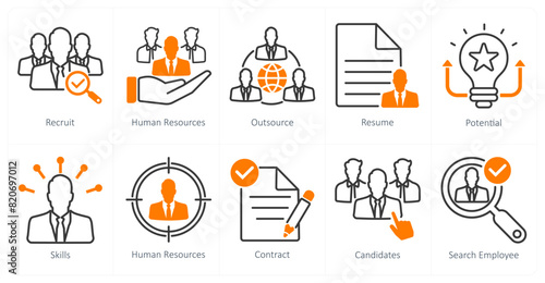 A set of 10 recruitment icons as recruit, human resources, outsource