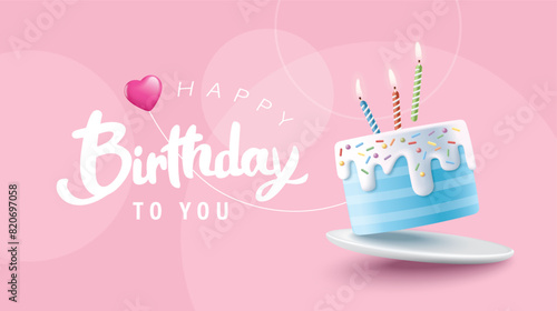 Happy Birthday celebration typography design with 3d birthday cake for greeting card, poster or banner. Vector illustration