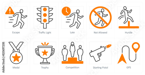 A set of 10 running icons as escape, traffic light, late