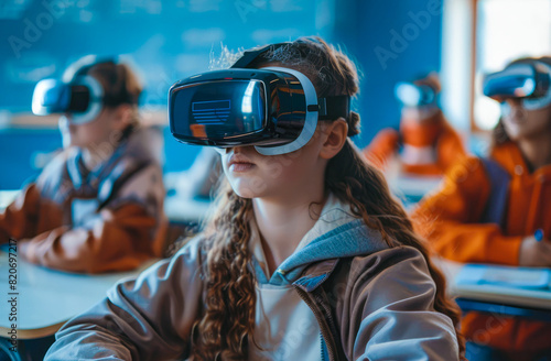 Childr girl pupil wearing VR goggles sitting at a table in a classroom setting. Educational technology and virtual reality concept.