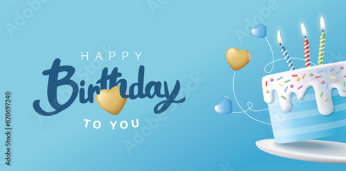 Happy Birthday celebration typography design with 3d birthday cake for greeting card, poster or banner. Vector illustration