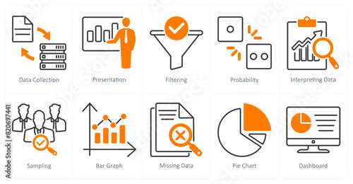 A set of 10 statistics icons as data collection, presentation, filtering