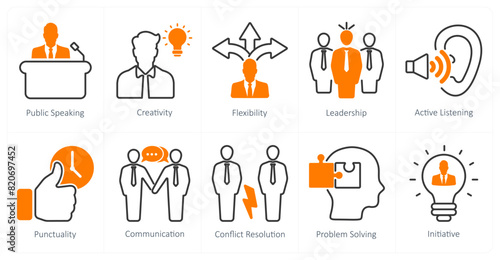 A set of 10 soft skills icons as public speaking, creativity, flexibility