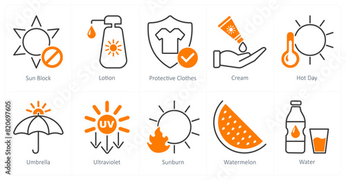 A set of 10 sun protection icons as sun block, lotion, protective clothes