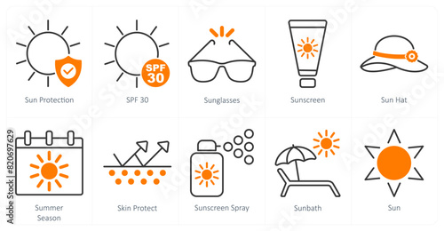 A set of 10 sun protection icons as sun protection, spf 30, sunglasses
