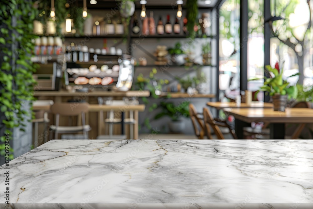 Obraz premium Bokeh effect in an office interior with marble stone tabletop for product display. Concept Bokeh Effect, Office Interior, Marble Stone Tabletop, Product Display, Photography