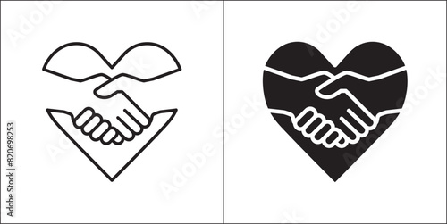 Handshake for love icon. handshake inside heart symbol. Icon for charity, donation, compassion, solidarity and humanitarian. Vector Stock logo illustration in flat and line design style.