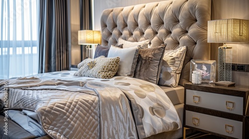 A bedroom with a modern, upholstered headboard, a chic nightstand, and a luxurious, silk bedspread