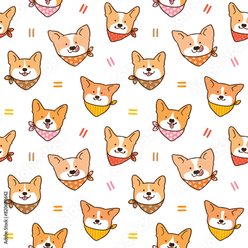 Seamless Pattern with Cute Cartoon Corgi Dog Face Design on White Background