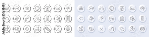 Flammable fuel, Messenger and New message line icons. White pin 3d buttons, chat bubbles icons. Pack of Group people, Global business, Outsource work icon. Vector