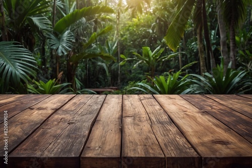 Wooden table with tropical forest background for product placement. Generative AI