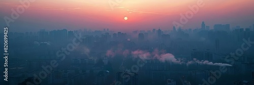 Dramatic sunset over a city skyline obscured by smog and pollution  leaving space on the left for text or graphics  emphasizing the importance of clean energy and sustainable urban development in