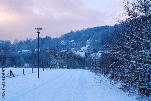 Henne-Boulevard und Ortsansicht mit Schnee, Meschede, Naturpark Sauerland-Rothaargebirge, Meschede, Sauerland, Nordrhein-Westfalen, Deutschland, Europa photo