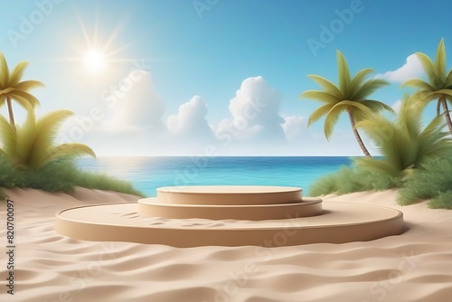 brown podium with beach background for product presentation and advertising.