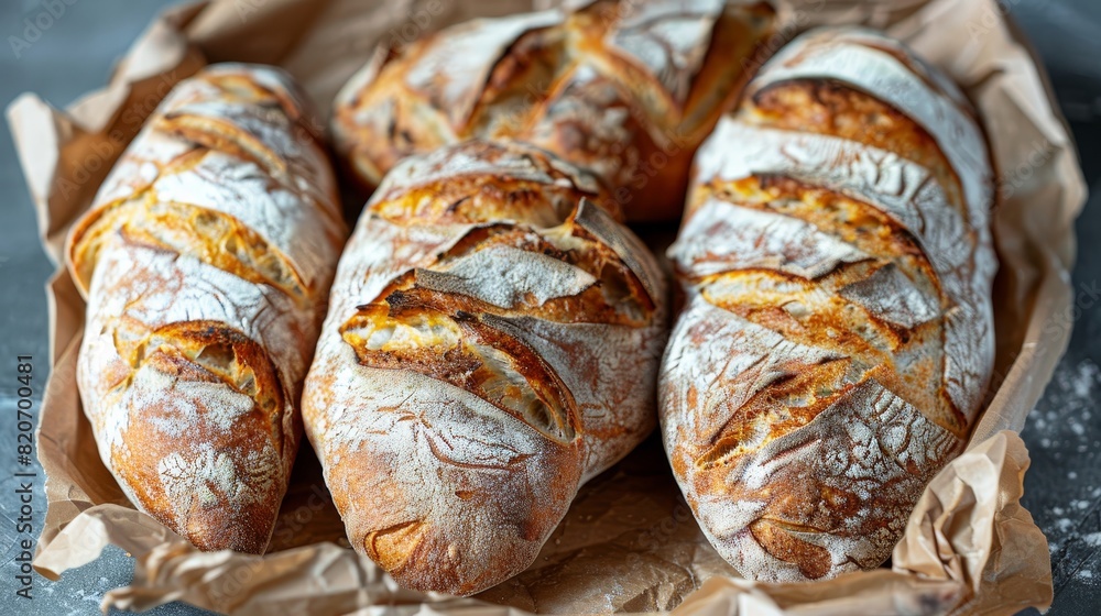Close up of delicious baguettes on craft paper, embodying the essence of french breakfast Close up of delicious baguettes on craft paper, embodying the essence of french breakfast