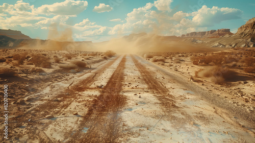 Straight Dirt Road Cutting Through Desert Landscape