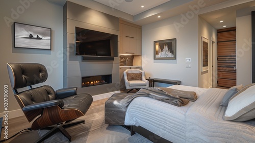 A bedroom with a sleek  wall-mounted TV  a contemporary fireplace  and a comfortable reading chair