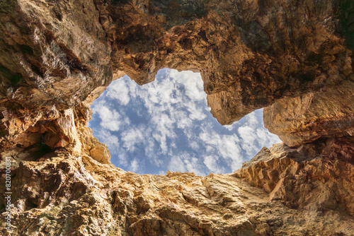 Looking up through a hole in the Keri caves, Zakynthos, Greece
