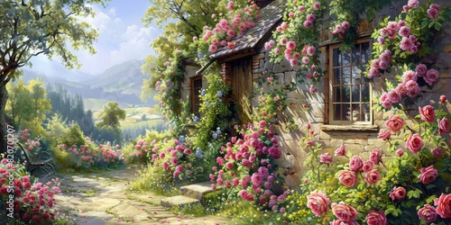 Relaxing cottage garden scene showing beautiful english climbing roses in summer sunshine. illustration © Svitlana