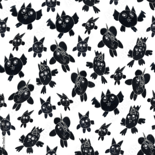 Halloween Seamless pattern from hand drawn fairy tale black dragons, bats and monsters isolated on a white background