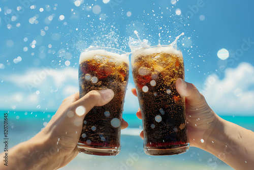 Two glasses of cola in cheers gesture, splashing out. Outdoor beach summer background.