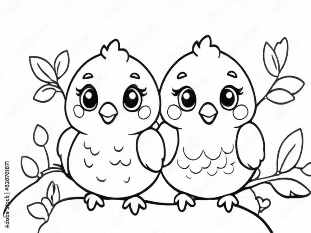 The default coloring book page on a white background depicts cute birds The default coloring book page on a white background depicts cute birds