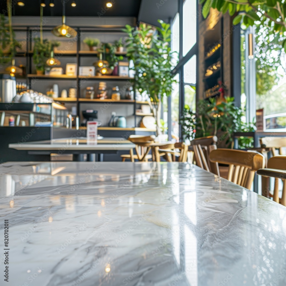 Obraz premium Bokeh effect in an office interior with marble stone tabletop for product display. Concept Bokeh Effect, Office Interior, Marble Stone Tabletop, Product Display, Photography
