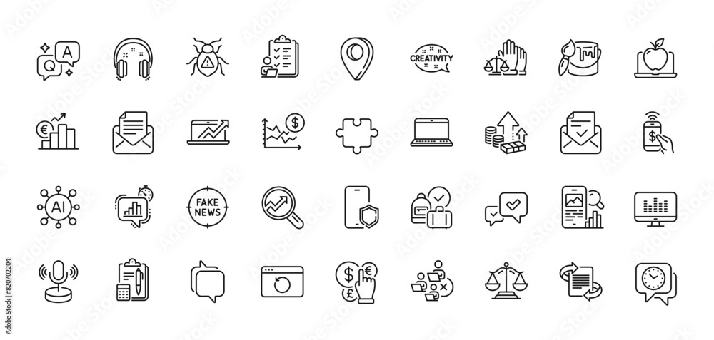 Phone payment, Euro rate and Approve line icons pack. AI, Question and Answer, Map pin icons. Microphone, Phone protect, Software bug web icon. Vector