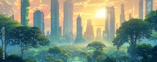 A futuristic utopia where advanced technology and sustainable living coexist, with gleaming skyscrapers and lush green parks stretching as far as the eye can see. illustration.
