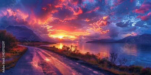 Lake and road at sunset illustration