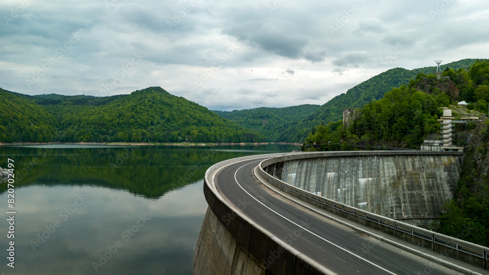 Vidraru Dam - aerial view on a cloudy day