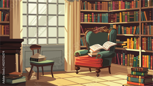 Collection of old books in interiors of room Vector illustration