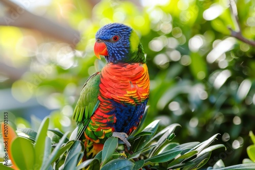Vivid bird perched on tree branch amidst lush foliage with soft blurry background