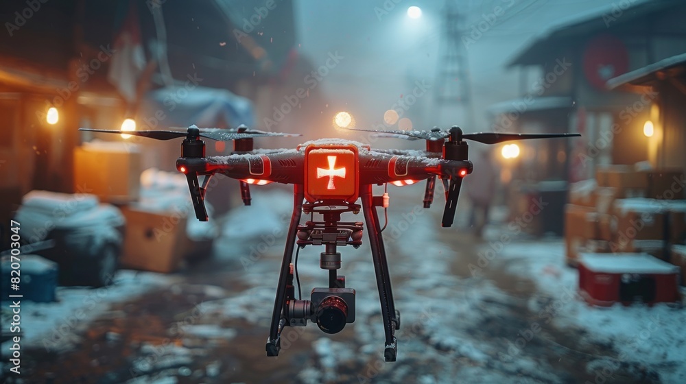 Drone with a flashing red cross delivering medical supplies at night Drone with a flashing red cross delivering medical supplies at night