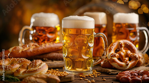 Collage of glasses of cold beer with tasty pretzels an