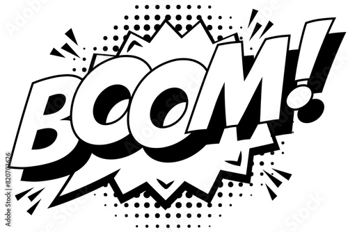 Boom pop art style black white color dotted background, reminiscent of classic comic book exclamations