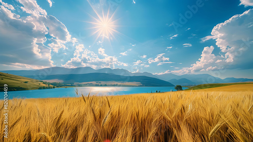 a field of wheat with the sun shining through the clouds photo