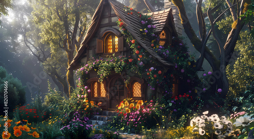 A charming little cottage nestled in the heart of an enchanted forest