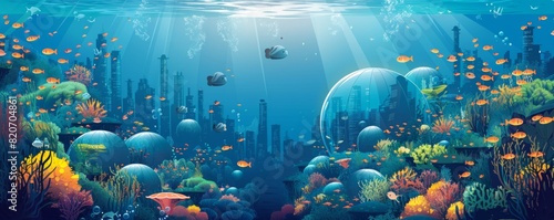 An underwater utopia hidden beneath the waves  with gleaming domed cities and underwater gardens providing sanctuary for aquatic life amidst the depths of the ocean.   illustration.