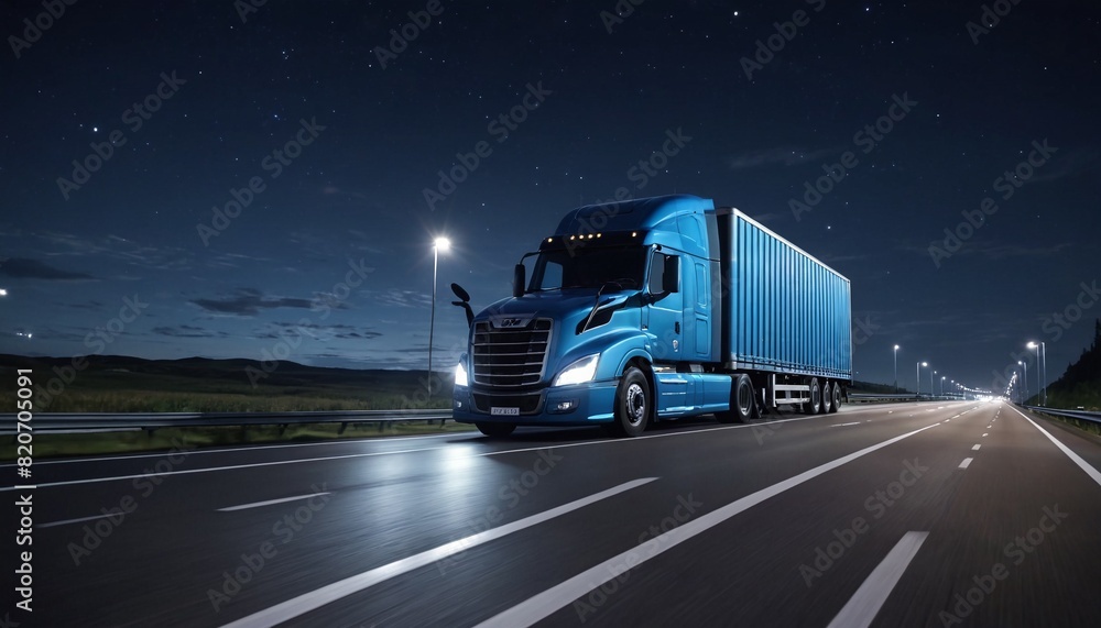 A truck with a trailer drives along a highway at high speed at night under the light of street lights. Logistics and international cargo transportation. Truck is driving fast with a blurry environment