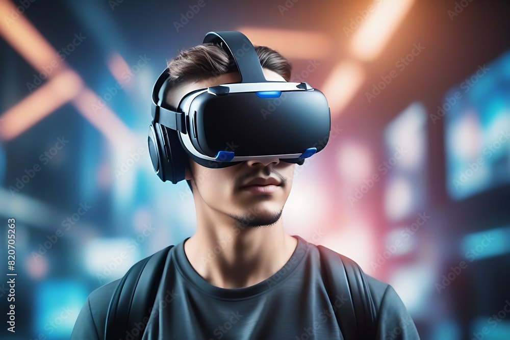 man wearing vision pro glasses in blurry computer room. man wearing vision pro glasses in blurry computer room.
